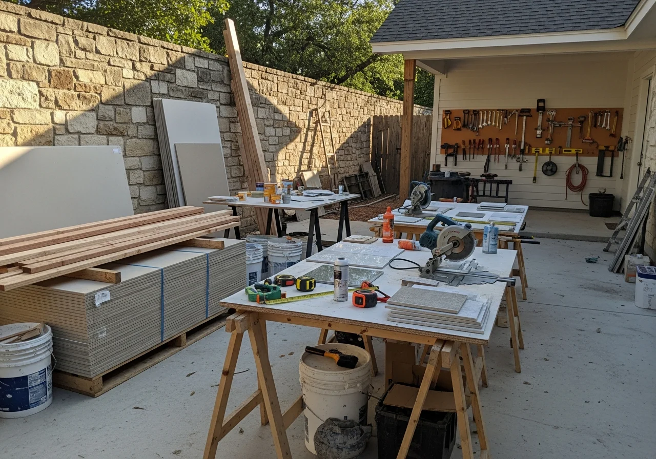 Construction crew tools and materials on a residential remodeling job site.