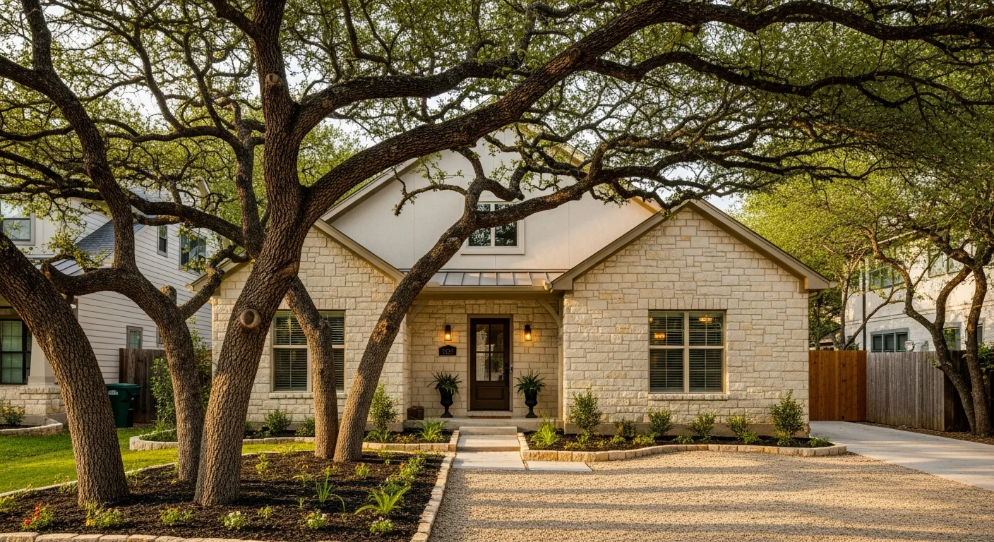 Residential home in central Austin with mature trees and established landscaping, typical of the city's core neighborhoods.