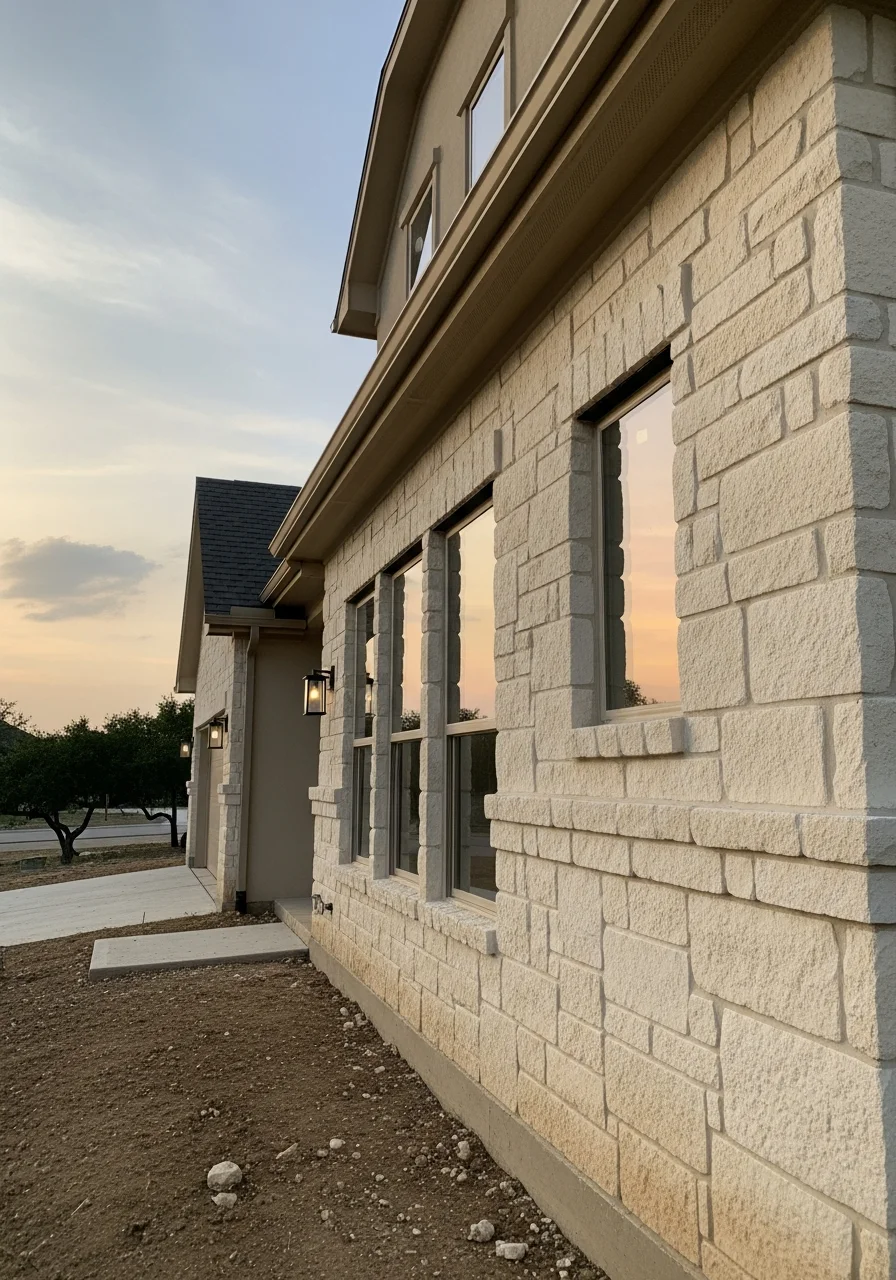 Close-up of finished work on a Buda property, showing quality craftsmanship in a newer community setting.