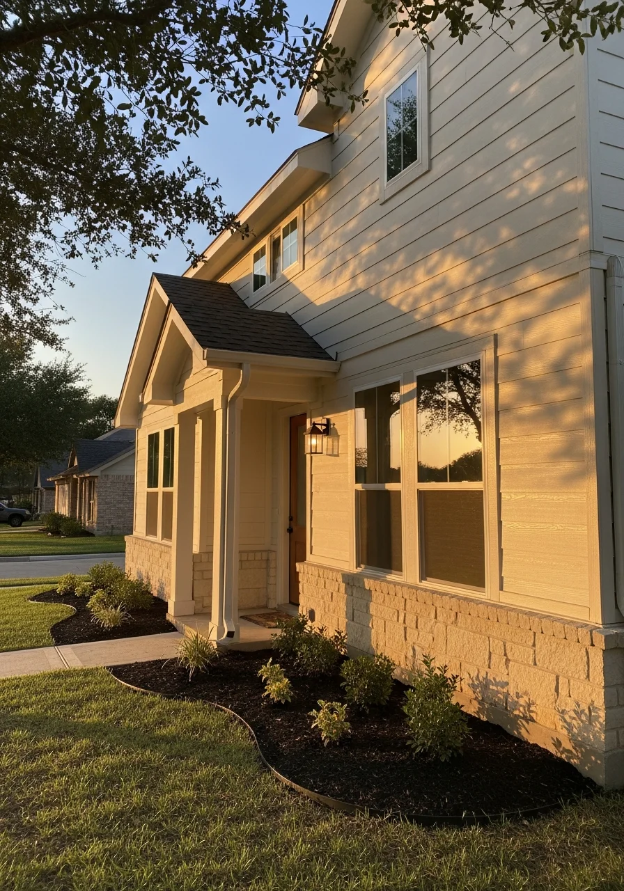 Detail shot of finished exterior work on a Round Rock home, showcasing quality craftsmanship in a newer neighborhood setting.