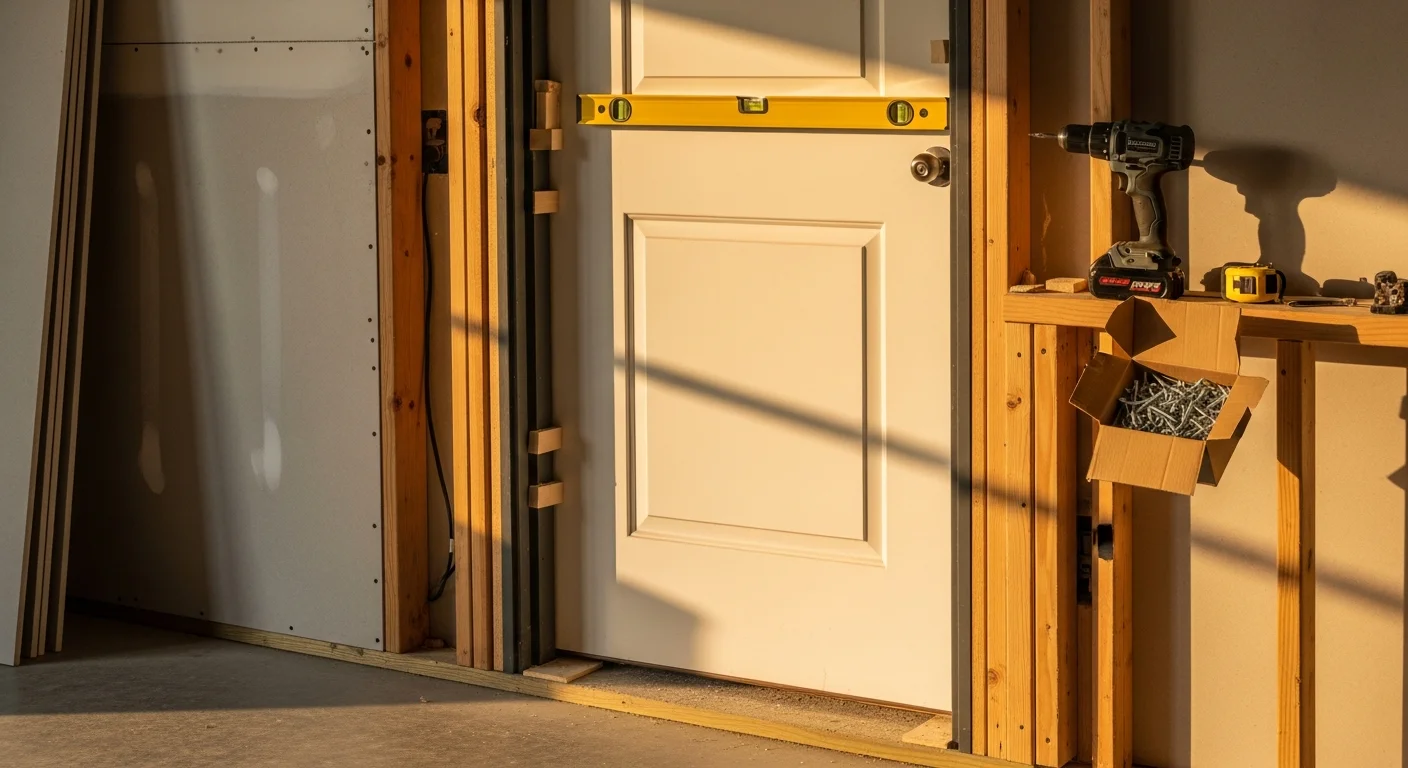 A newly installed exterior entry door on an Austin, Texas home, showing a flush frame, clean weatherstripping, and finished trim. The door is set in a brick-and-stucco facade typical of Central Texas residential construction.