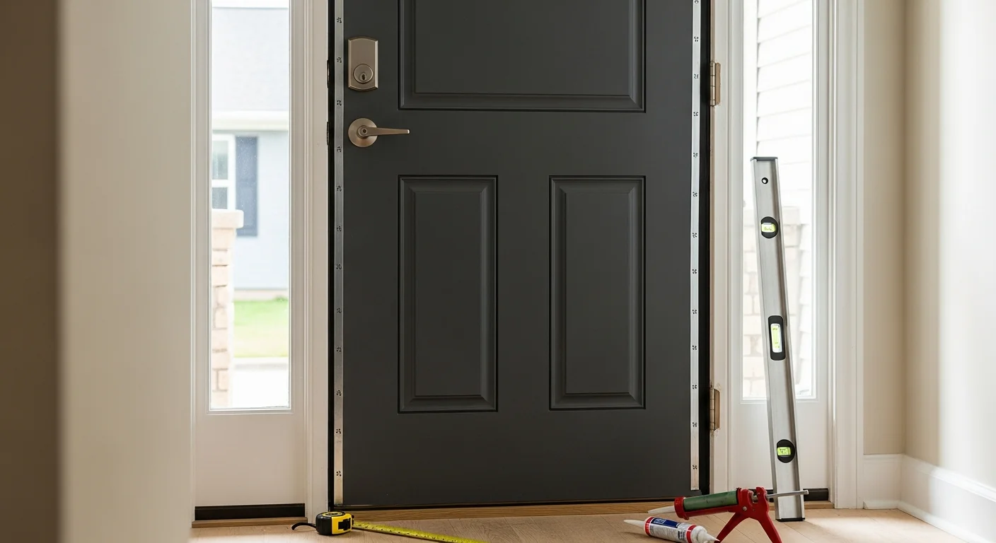 A newly installed exterior entry door on an Austin, Texas single-family home, showing a clean frame fit and finished threshold. The surrounding trim is intact and the door sits flush against the jamb with no visible gaps.