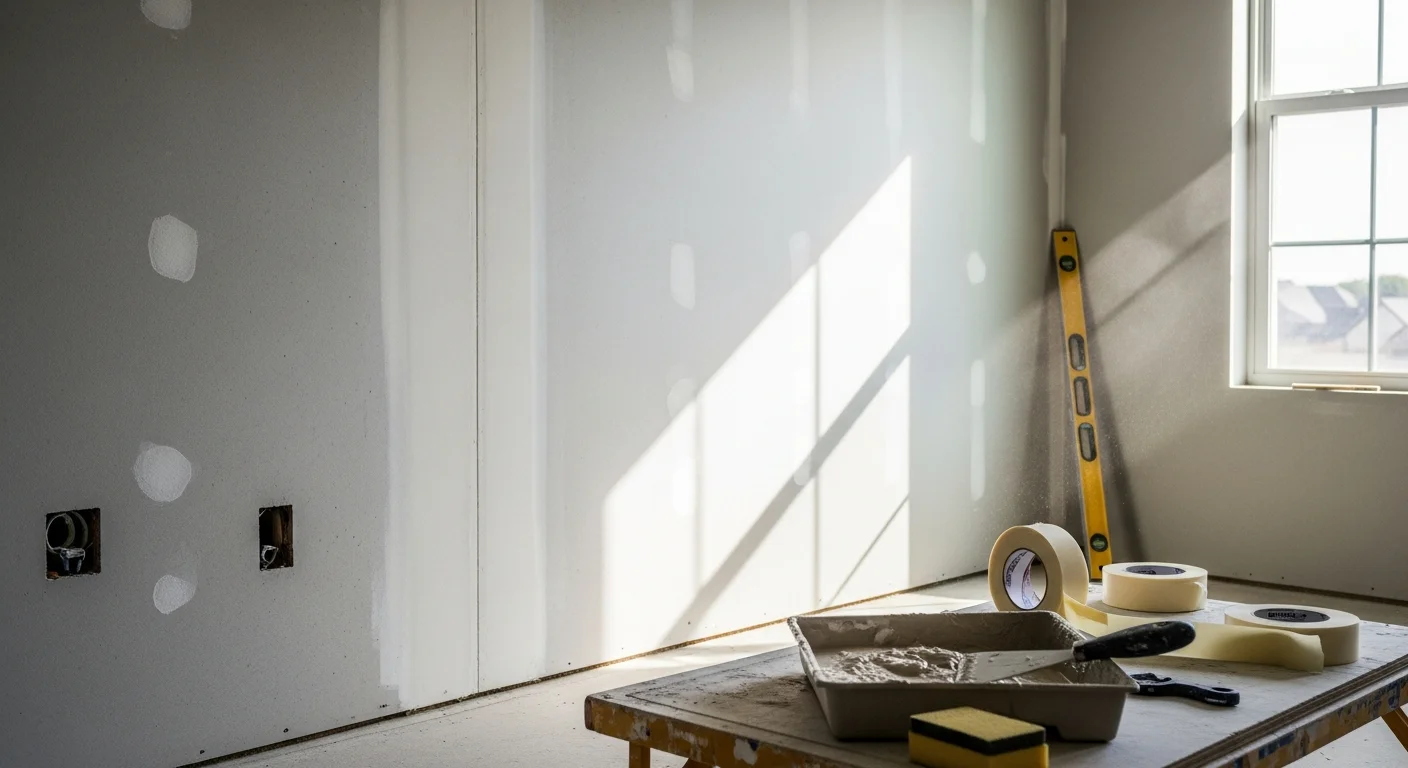 Freshly installed and taped drywall covering the walls and ceiling of a residential room in Austin, Texas. Smooth joint compound is applied at seams and corners, with the surface ready for primer and paint.