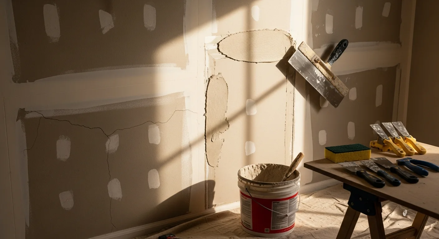 A freshly repaired interior wall in an Austin, Texas home showing a smooth, texture-matched surface ready for paint. The repaired section blends evenly with the surrounding drywall, with no visible patch lines or seams.