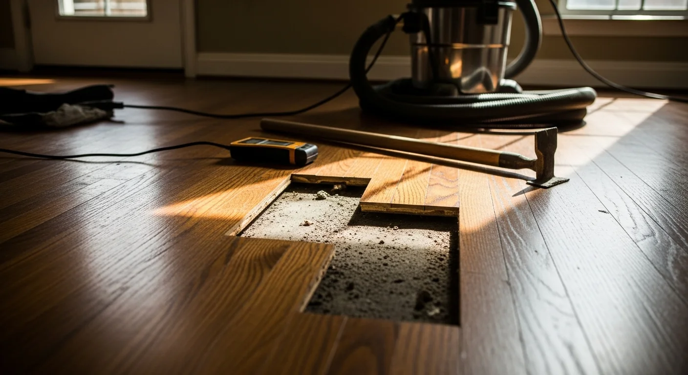 A repaired hardwood floor in an Austin, Texas home showing smooth, level boards with no visible cupping or gaps. The finished surface runs through a sunlit living area with a concrete slab foundation visible at the room's edge.