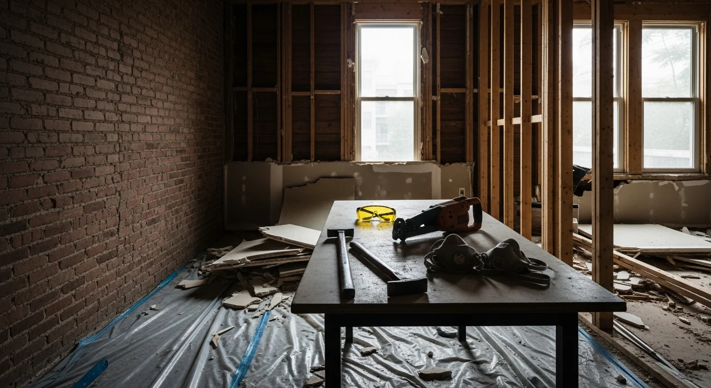 Interior of an Austin home mid-demolition showing removed drywall, exposed wall studs, and cleared flooring ready for remodeling. A clean, contained job site with debris staged for removal by a general contractor.