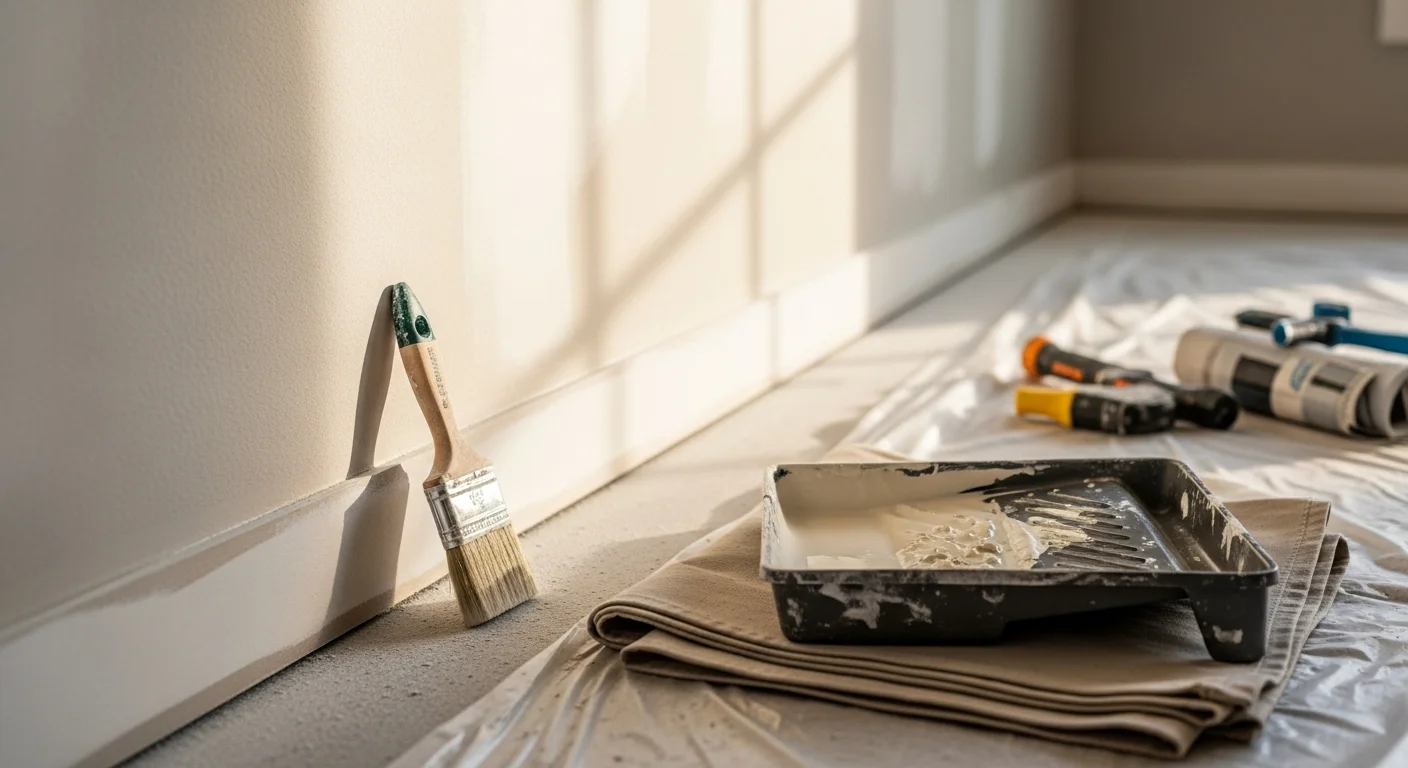 Freshly painted interior living room walls in an Austin, Texas home with clean trim lines and an even satin finish. A painting contractor's drop cloths and roller equipment are visible on the protected hardwood floor.