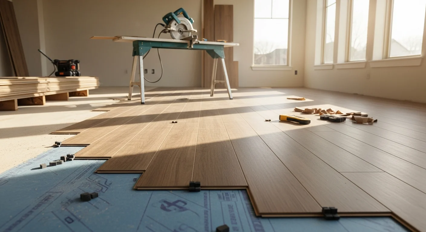 Freshly installed laminate flooring with a wood-grain finish covering the living room of an Austin, Texas home. The planks run in a straight layout toward a large window, showing clean seams and smooth transitions at the room's edge.