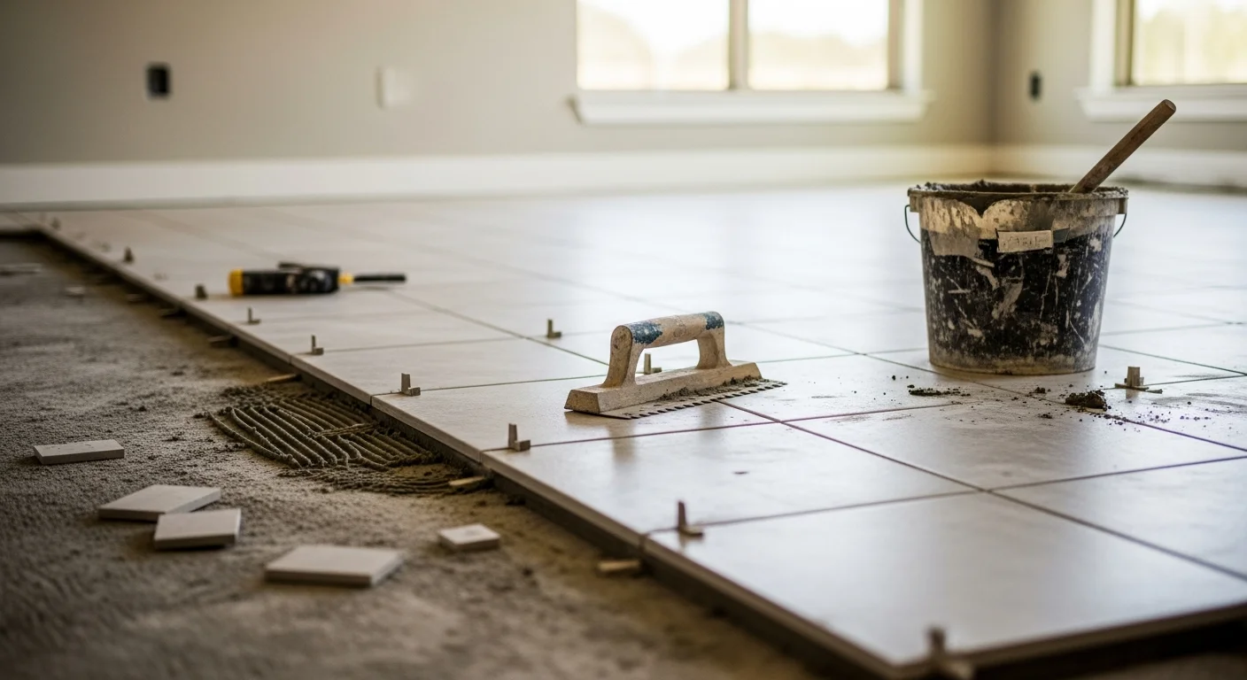 Freshly installed tile flooring in a kitchen inside an Austin, Texas home, showing clean grout lines and a smooth surface finish. The room has a slab foundation subfloor typical of Central Texas residential construction.