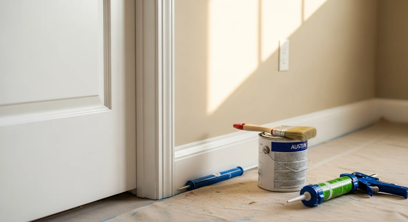 Close-up of freshly painted white semi-gloss trim along a door casing and baseboard inside an Austin, Texas home, with clean brush lines and no visible drips or gaps. Exterior view of a single-family Austin home showing newly painted fascia boards and window trim in a contrasting accent color against a brick and stone facade.