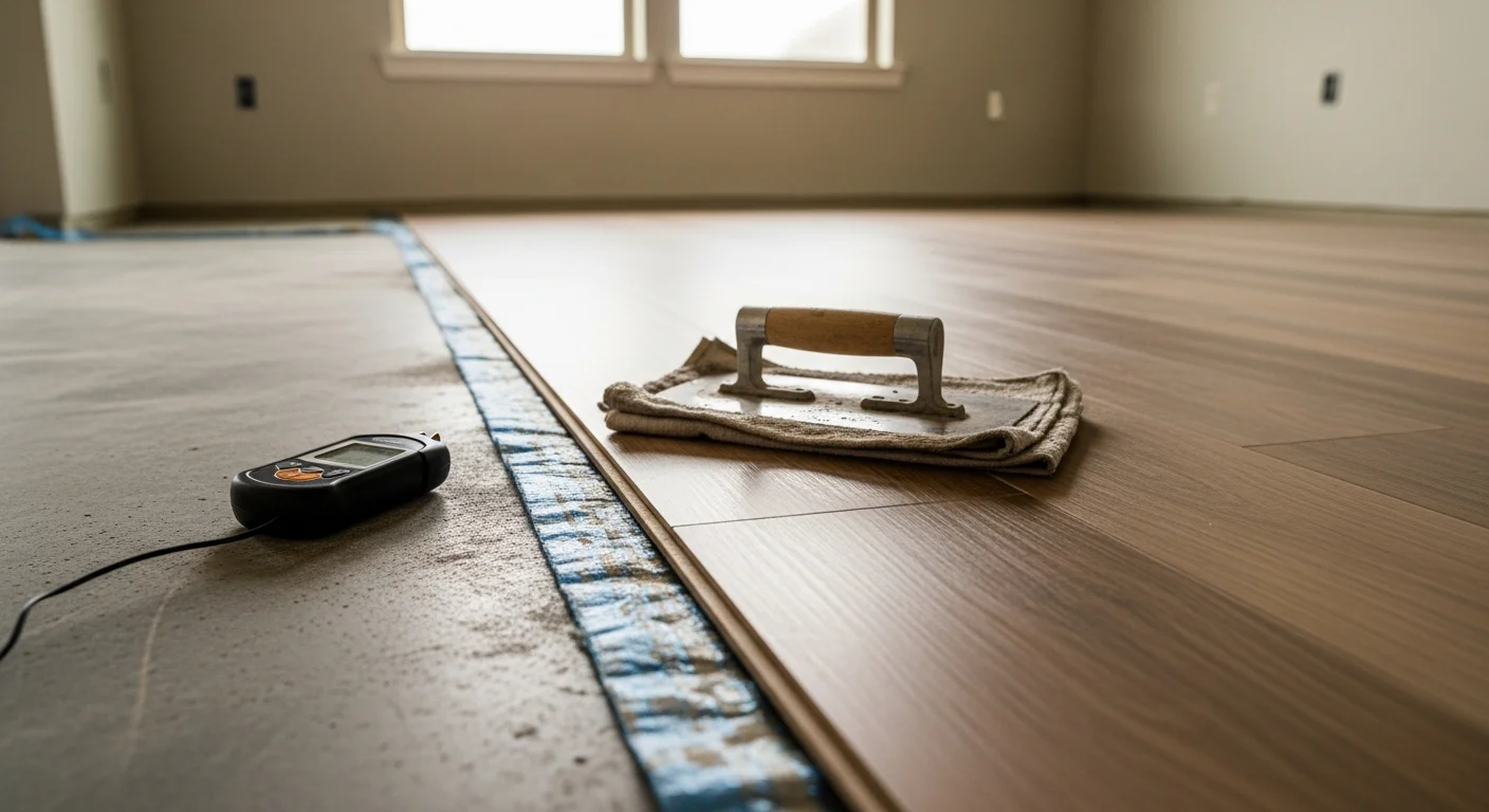 Freshly installed vinyl plank flooring in an Austin, Texas home, showing a clean, wood-look surface running through an open living and kitchen area. The slab-foundation home features smooth, level planks with tight seams and no visible transitions.