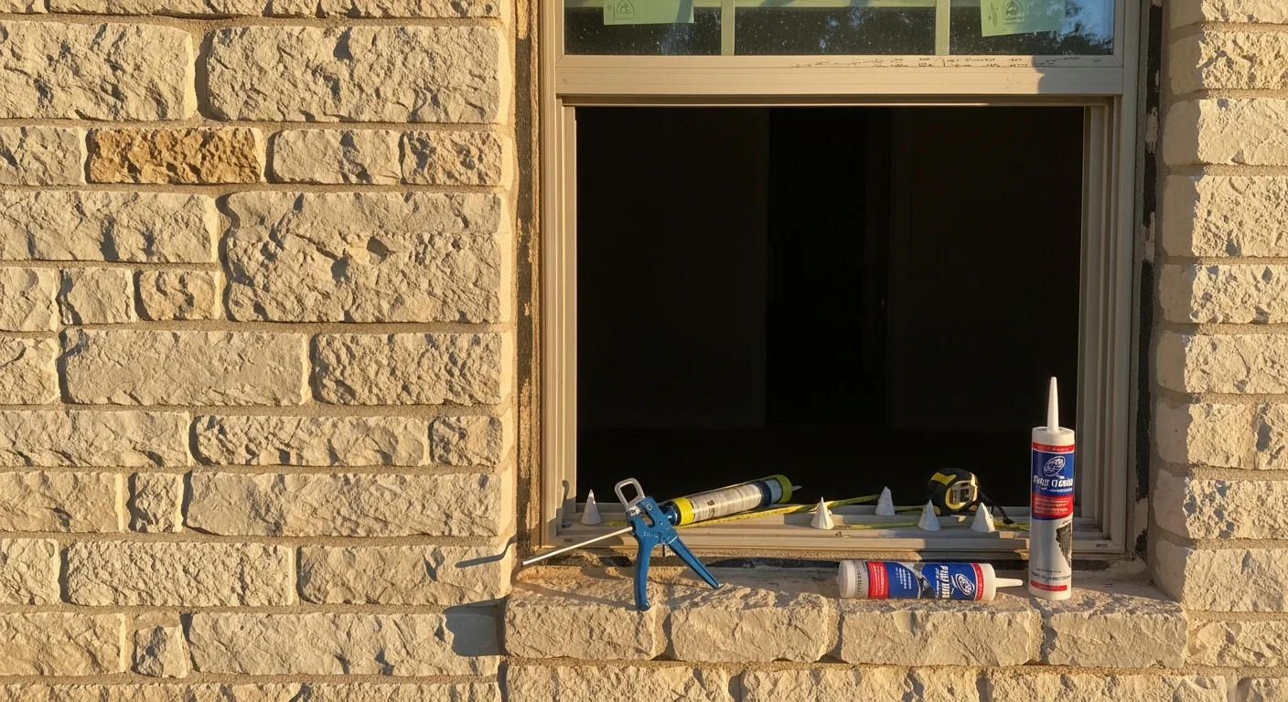 Newly installed replacement windows on a single-story Austin, Texas home, showing clean frames and clear glass against a bright Central Texas exterior. A contractor from Avtx Remodeling and Construction LLC completes the final trim detail on a full-frame window installation.